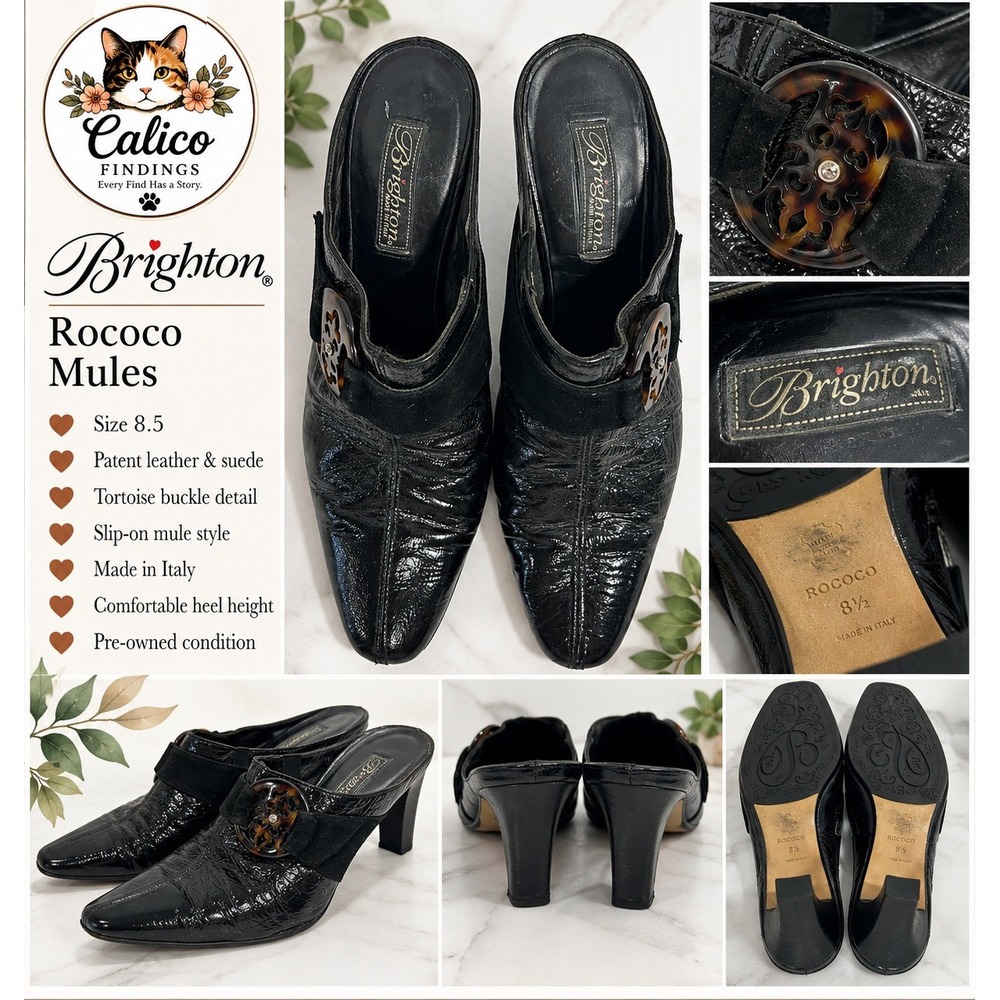 Brighton Rococo Black Patent Leather Suede Mules Tortoise Buckle 8.5 Gothic
